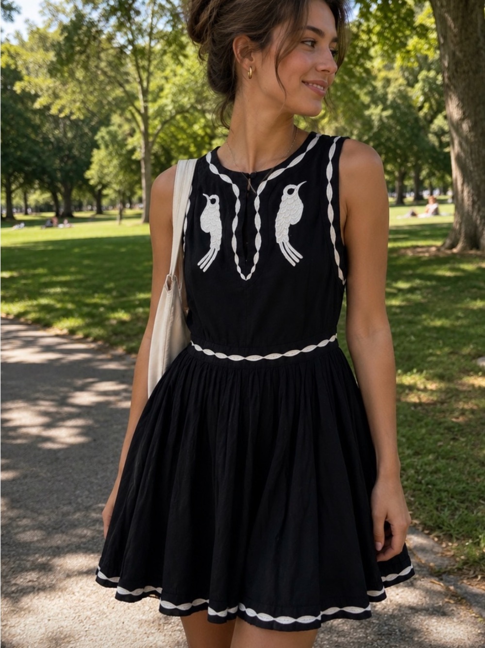 Free People Birds of a Feather Floral Embroidery‎ Black Skater Dress Size 2 NWT
